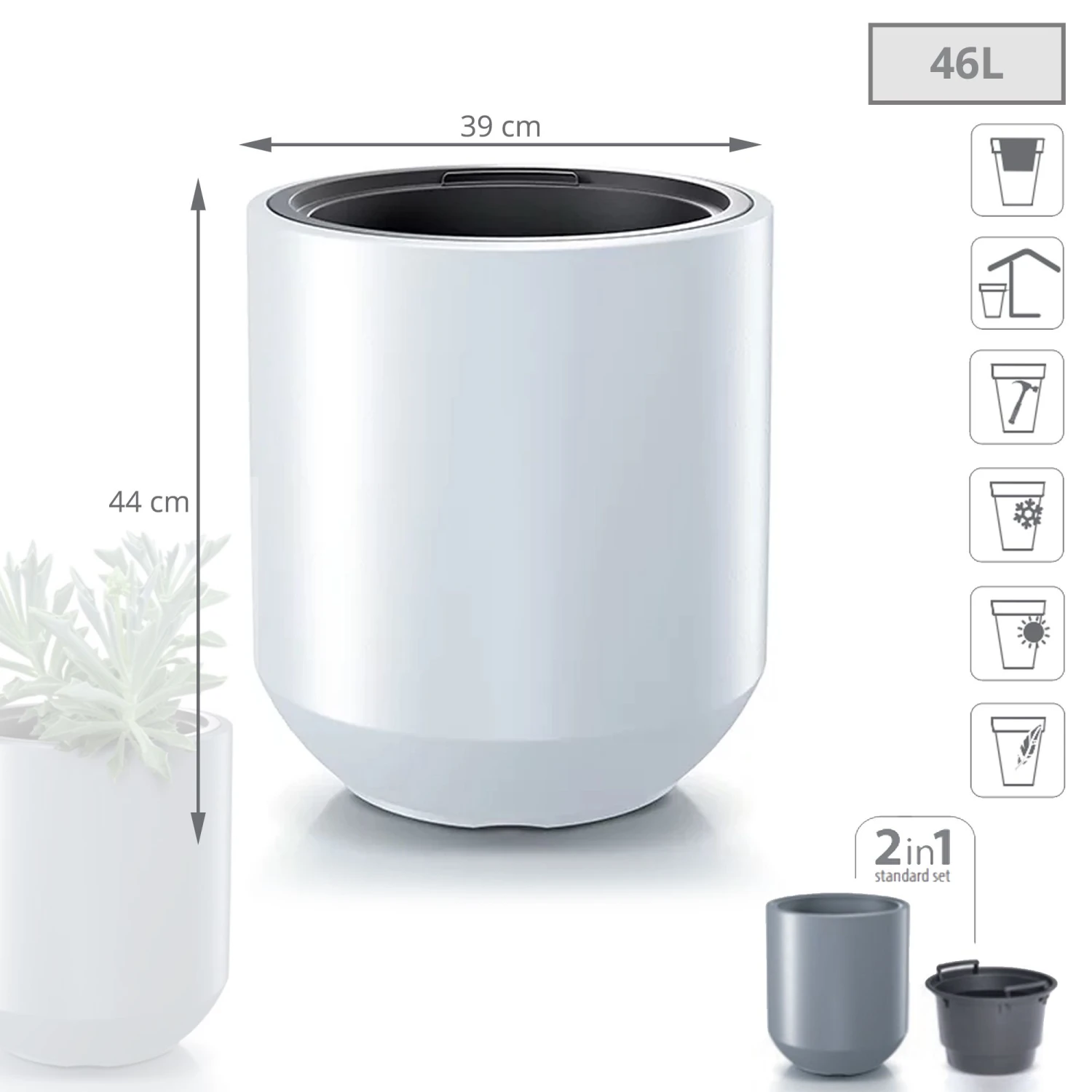 Prosperplast Maceta HEOS 46LCon Depósito 390x390x440 Blanco 3 Prosperplast Maceta HEOS 46LCon Depósito 390x390x440 Blanco - Imagen 3